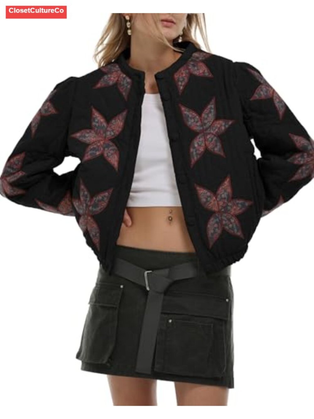 Women's Quilted Floral Embroidered Lightweight Jacket Winter Coat
